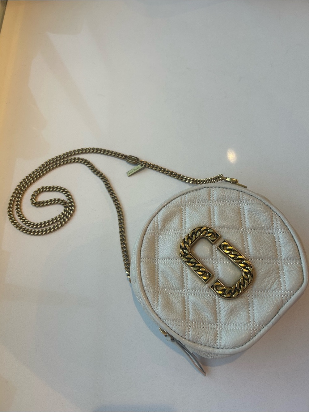 Cream Circular Gold Chain Logo Bag